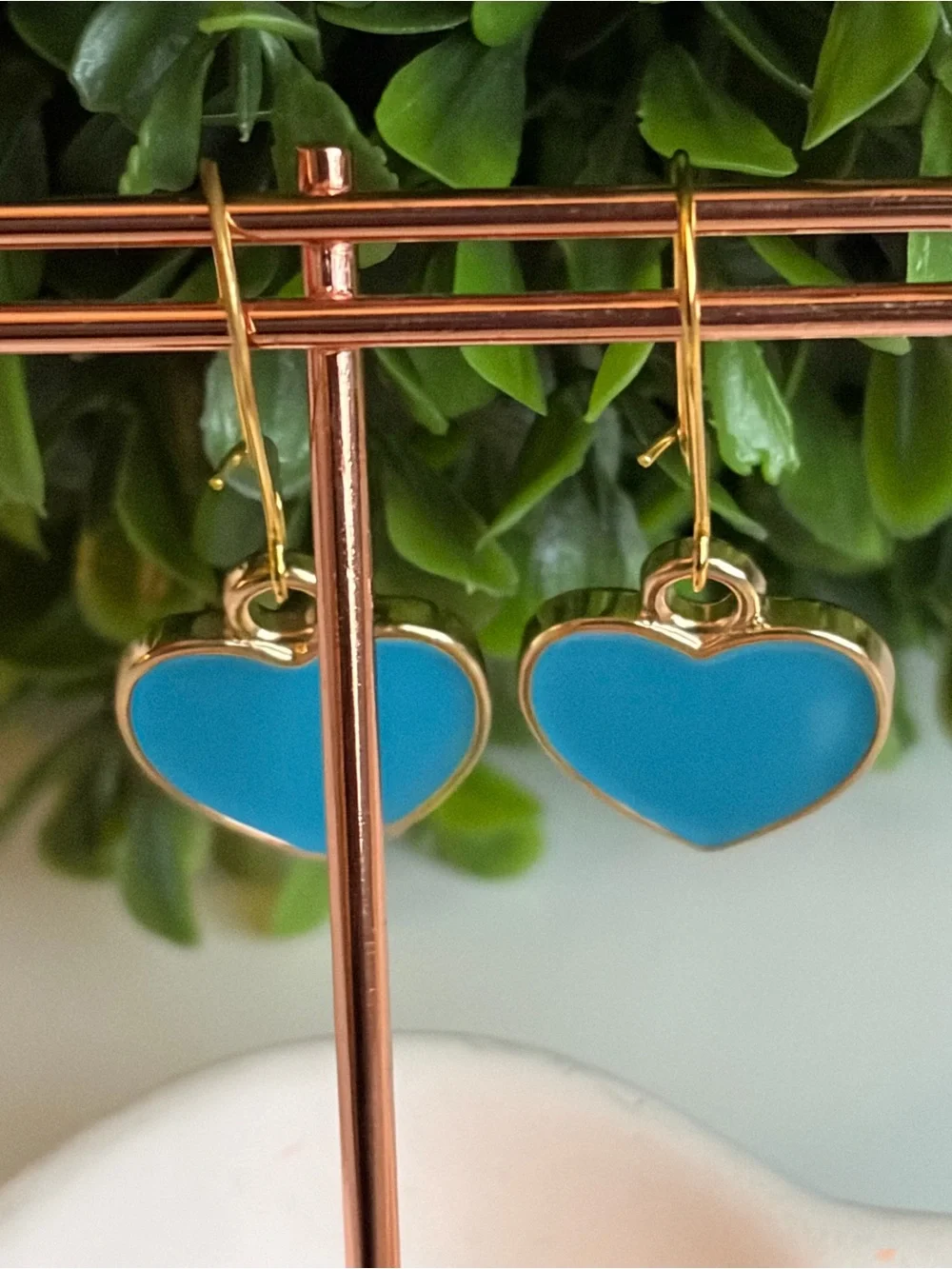 Gold Heart Drop Earrings with Turquoise Enamel